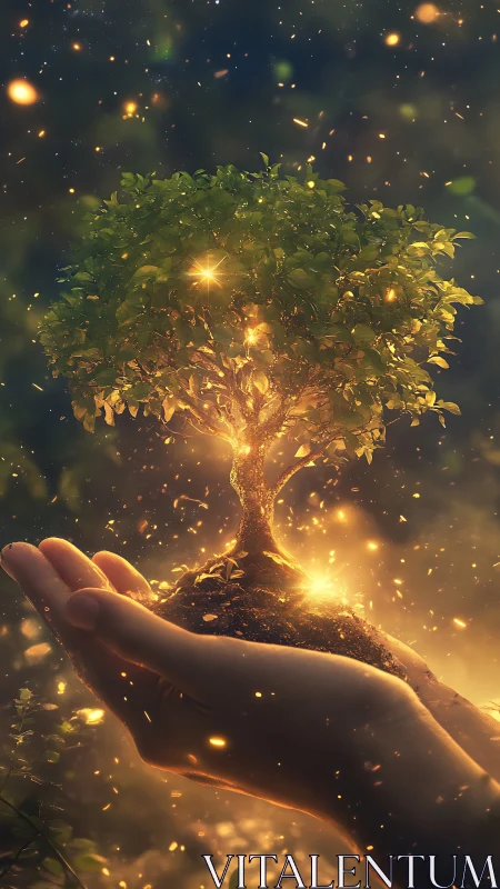 Stardust cradles a glowing tree of life between gentle hands