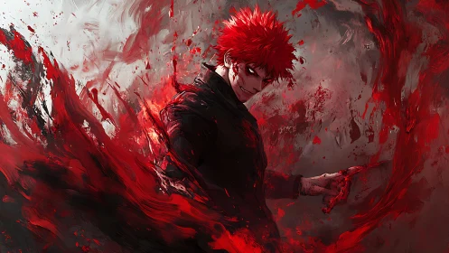 Blood-swept anime figure with dynamic red energy streaks and motion