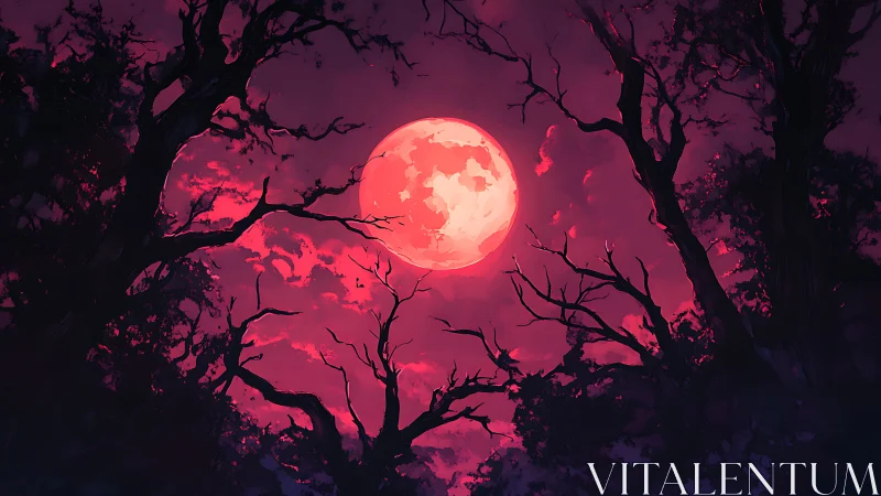 Blood moon rising above tangled haunted forest silhouettes.