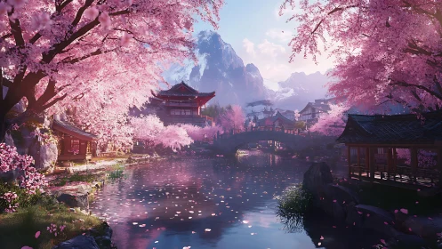 Digital painting of serene sakura-lined Japanese riverscape.