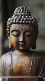 Carved wooden Buddha bust radiates calm spiritual presence