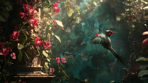 Hummingbird carves green silence between crumbling floral stone