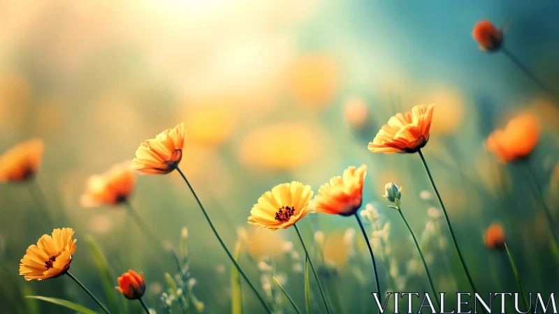 Gentle orange wildflowers lean toward soft morning sunlight