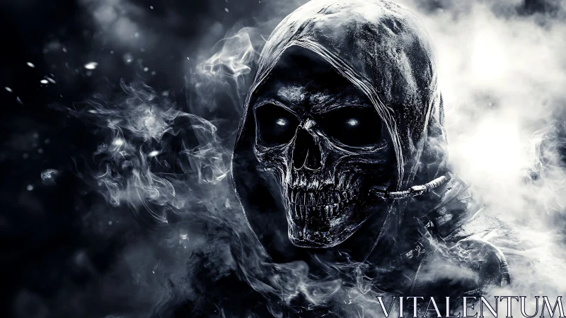 Hooded skeletal wraith in monochrome smoke with glowing eyes