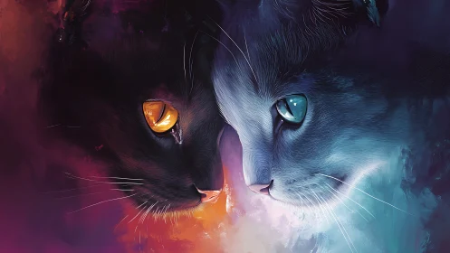 Luminous Duality: Two Cats Merged in Mystical Color Storm