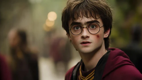 Young wizard student with glasses in worn school robe.