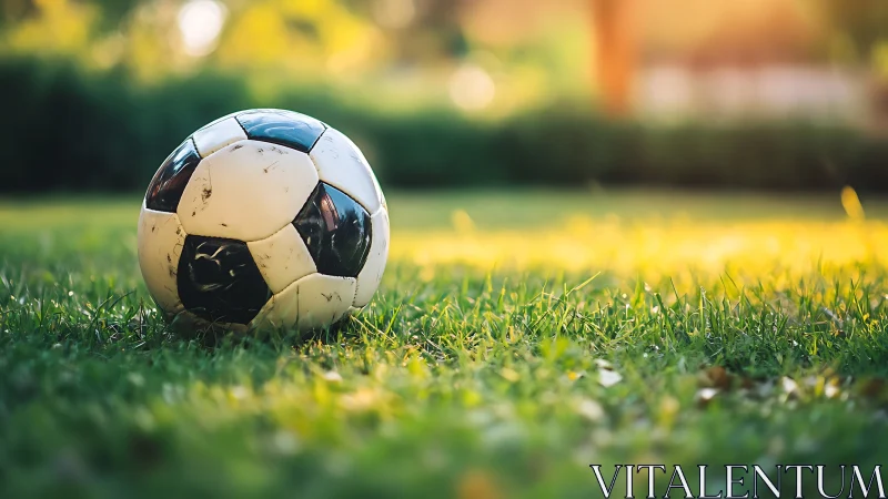 Weathered soccer ball rests on sunlit green grass field.