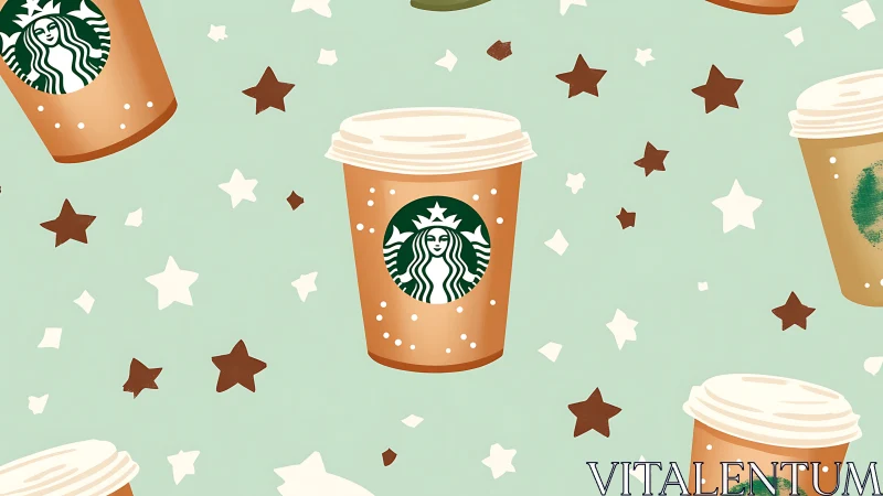 Cozy coffee cups drifting through a minty starry sky.