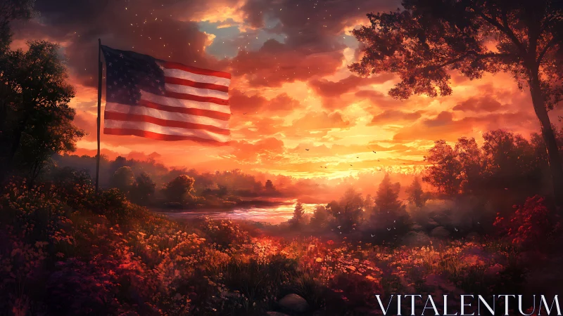 Sunset flag over peaceful wildflower meadow and river view.