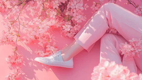 Soft pastel legs rest among blooming pink cherry blossoms