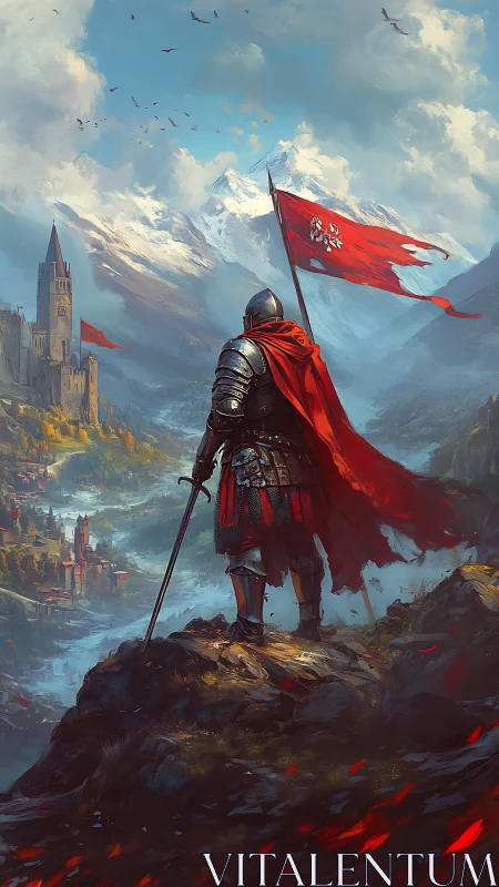 Armored knight overlooking mountain castle and valley.