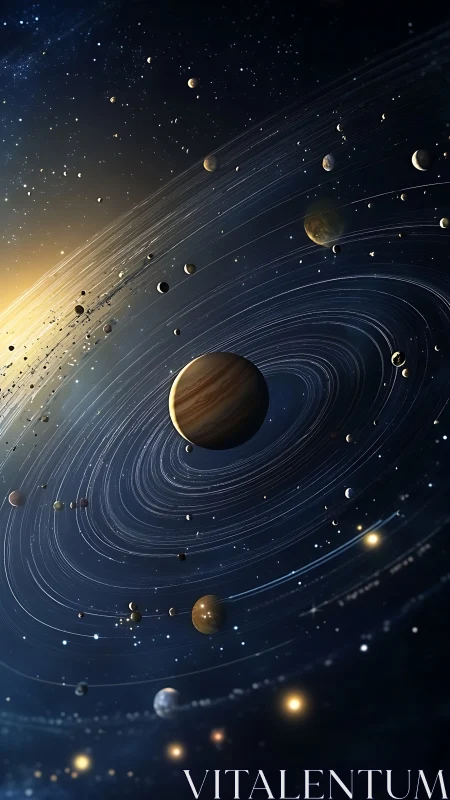 Stellar system with swirling planetary orbits in space.