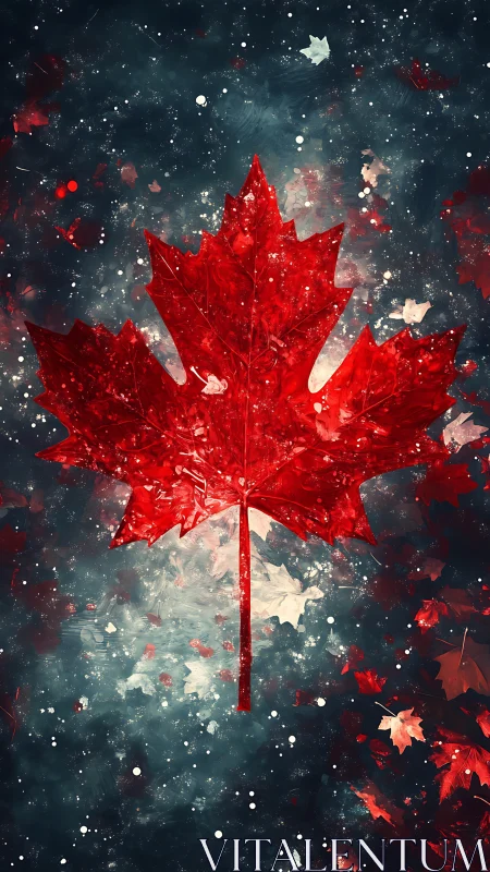 Glowing red maple leaf shining softly against starry night.