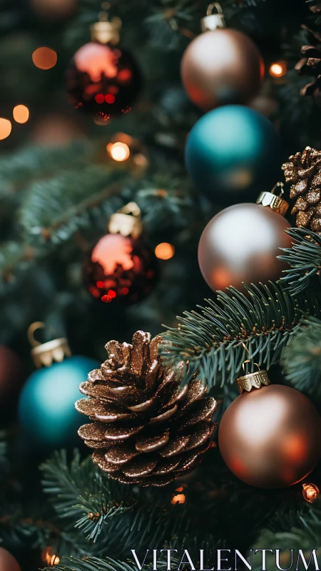 Glittered pine cone and baubles hang on decorated Christmas tree