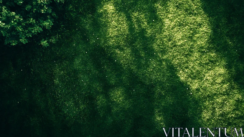 Sunlit lawn shadows cast across dense green grass.