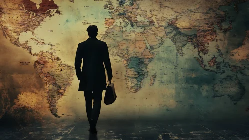 Business traveler silhouette walking before vintage world map.