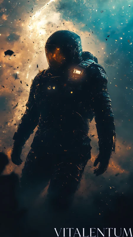 Lone space explorer walks through glowing cosmic storm