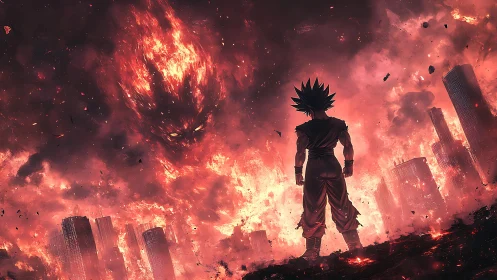 Fiery warrior calmly confronts a colossal burning sky demon