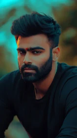 Portrait depicts bearded man under teal and orange light