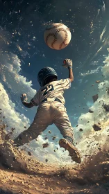 Baseball player sprints through dust toward soaring ball