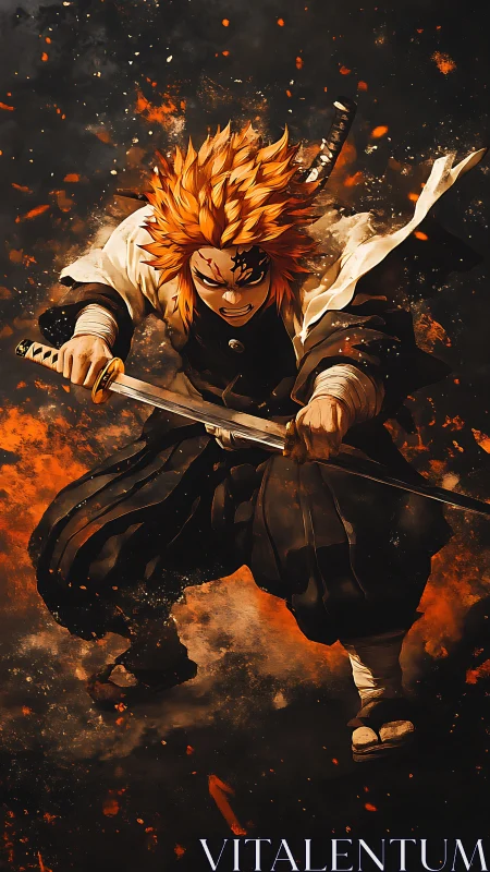 Fiery anime swordsman charges through blazing battle storm.