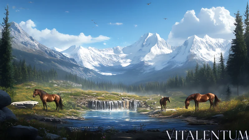 Horses grazing beside alpine waterfall under snowy peaks.