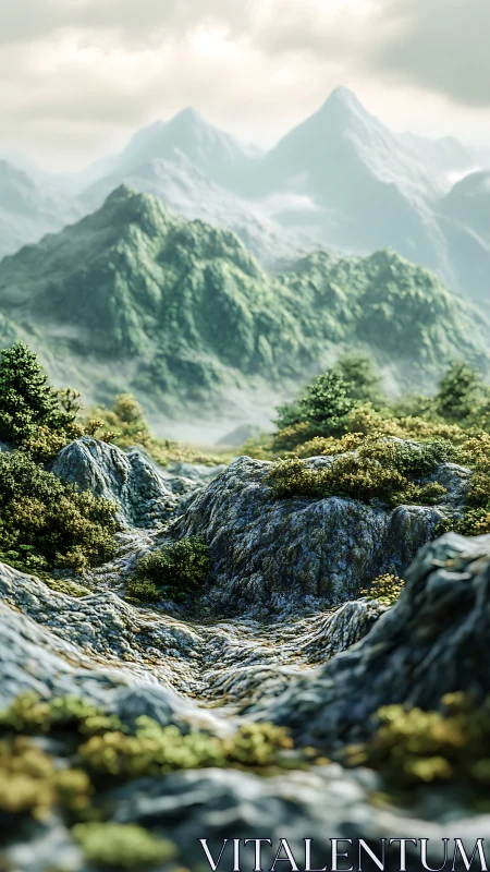 Macro-rendered alpine ravine with procedural rocky terrain depth.