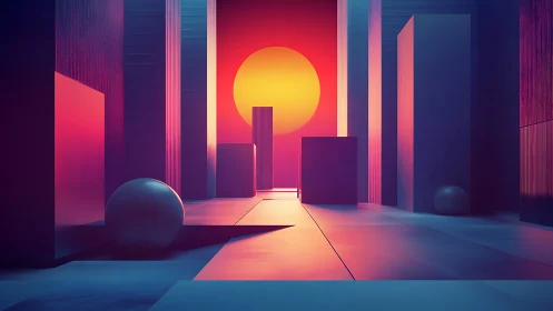 Neon Urban Canyon with Oversized Sun and Geometric Forms.