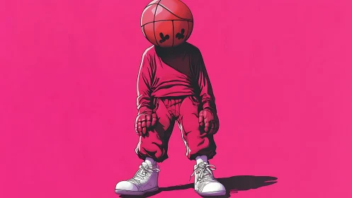 Basketball headed figure in pink streetwear on magenta field.