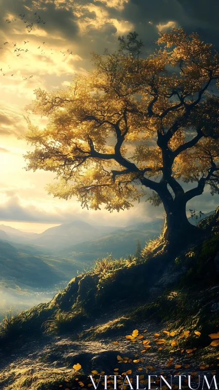 Golden tree crowns sunlit ridge above distant misty valley