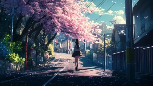 Girl walks under glowing cherry blossoms on quiet city street