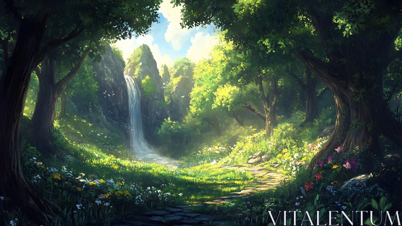 Enchanted Forest Sanctuary With Cascading Waterfall.