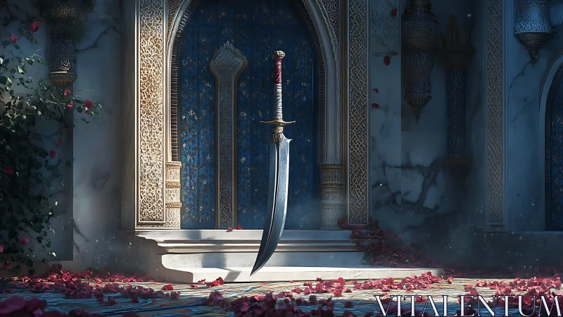 Moonlit scimitar hovers before a sapphire palace gate.