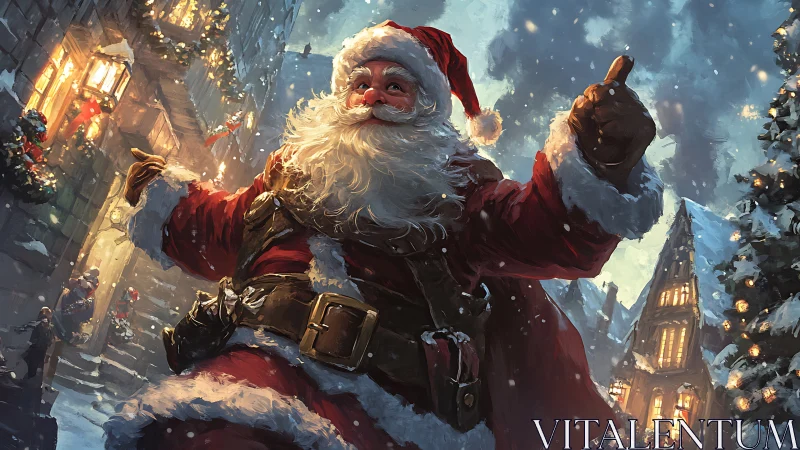 Joyful Santa strides through a glowing snowy Christmas town