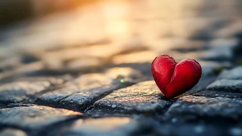 Red heart-shaped object resting on textured stone surface with bokeh