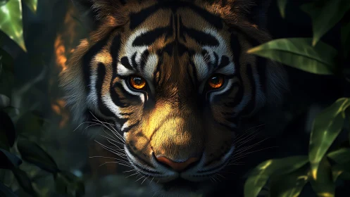 Tiger portrait under cinematic rim light in dense foliage.