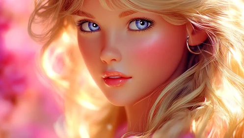 Blossom-lit blonde gaze in luminous candy-pink glow.
