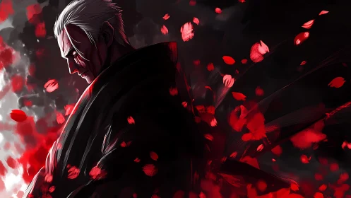 Battle-worn swordsman in chiaroscuro lighting amid red particle burst