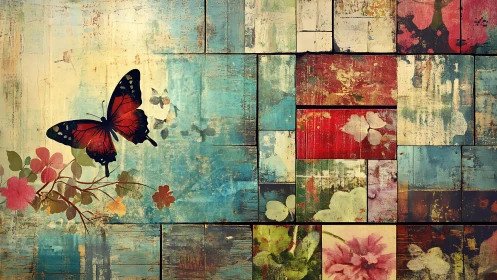 Gentle butterfly drifts across a patchwork of painted color