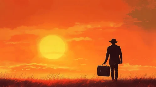 Silhouetted man with suitcase walks toward large sunset
