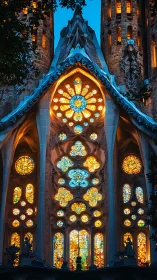 Illuminated stained glass facade of a large historic basilica.