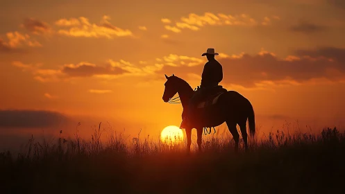 Quiet cowboy on horseback enjoys a glowing sunset sky