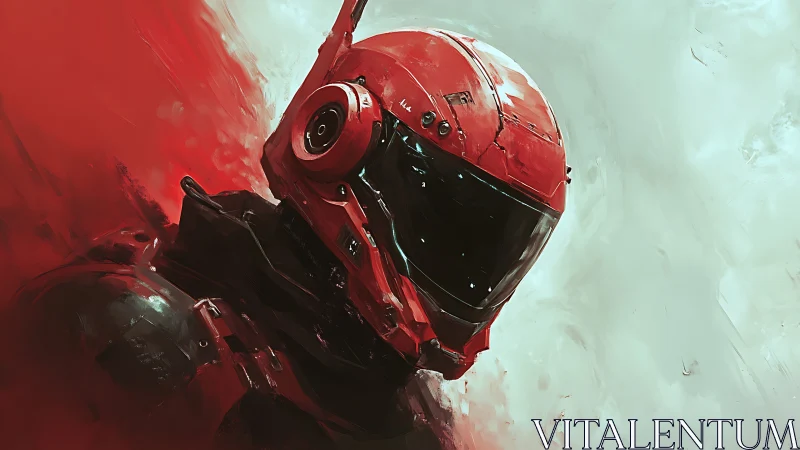 Red armored sci fi helmeted figure centered against abstract field