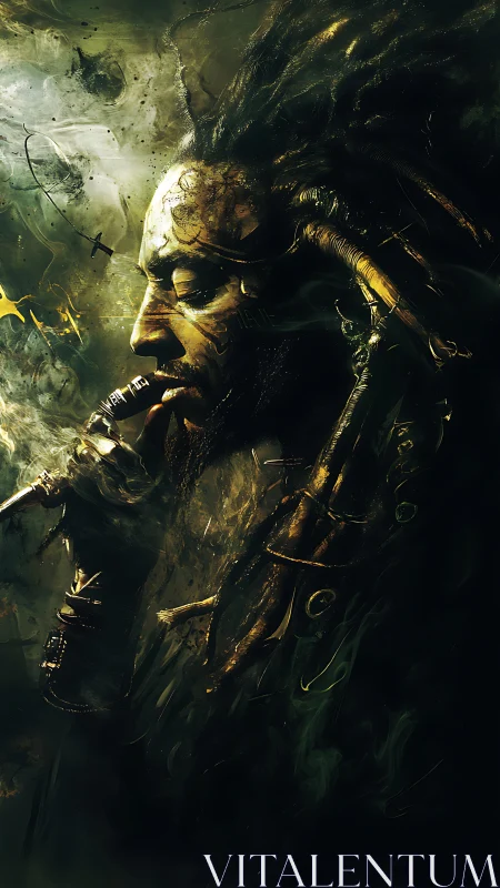 Side profile of figure with cables and smoke is rendered