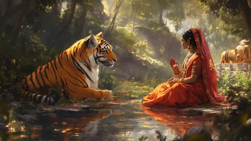 Sacred forest truce between regal tiger and robed maiden.