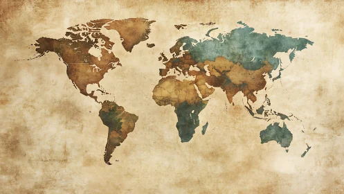 Weathered world map in earthy tones for gentle wanderers.