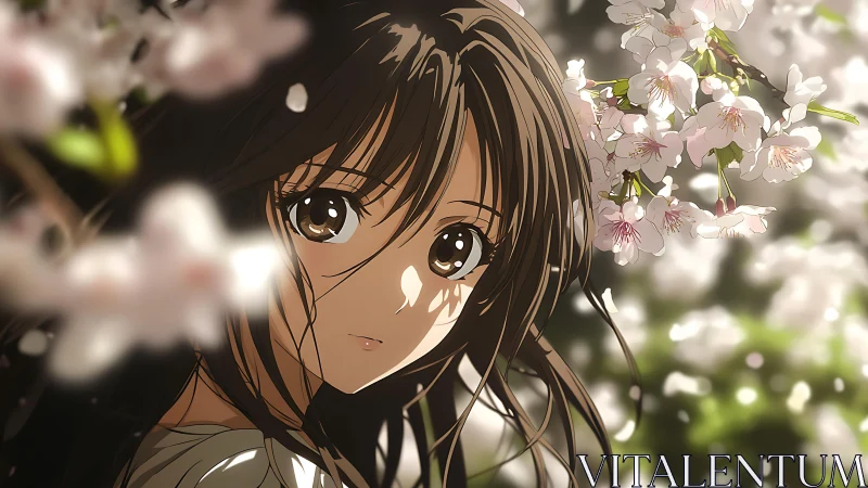 Backlit anime girl framed by shallow‑focus cherry blossoms at dusk