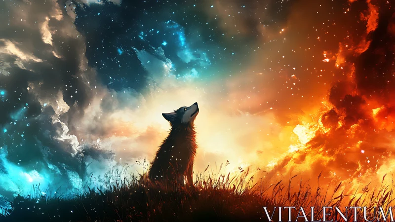 Digital painting of lone wolf beneath dual-element cosmic sky.