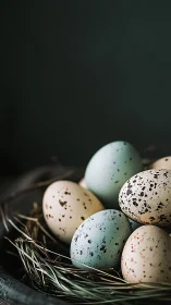 Speckled pastel eggs cradle quiet secrets in a rustic nest.