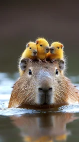 Capybara ferry sails with three golden fuzzball passengers.